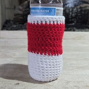 Handmade Red and White Crochet Bottle Cozy